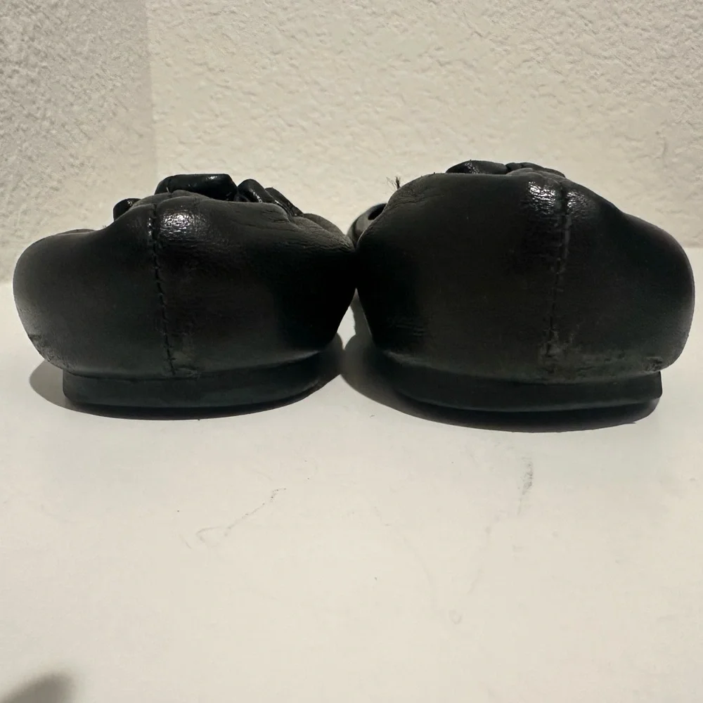 Tory Burch Reva Black Leather Ballet Flats Silver Logo Size 8.5